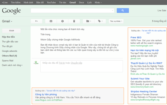 Vị trí hiển thị quảng cáo Google AdWords trong Gmail